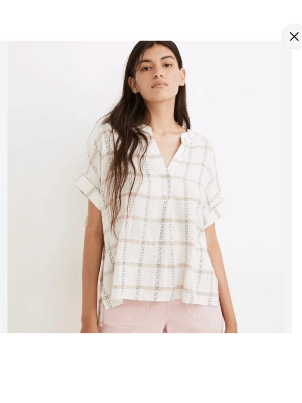 Madewell Lakeline Linen Popover Shirt S Windowpane Plaid Boxy Short Sleeve
